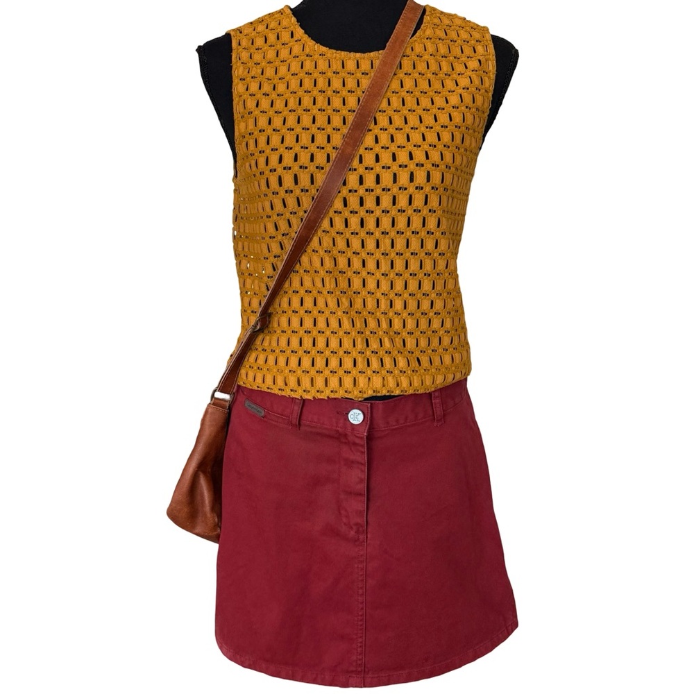 90s Vintage Calvin Klein Burgundy Stonewash Mini Denim Skirt with Slits - Size 7